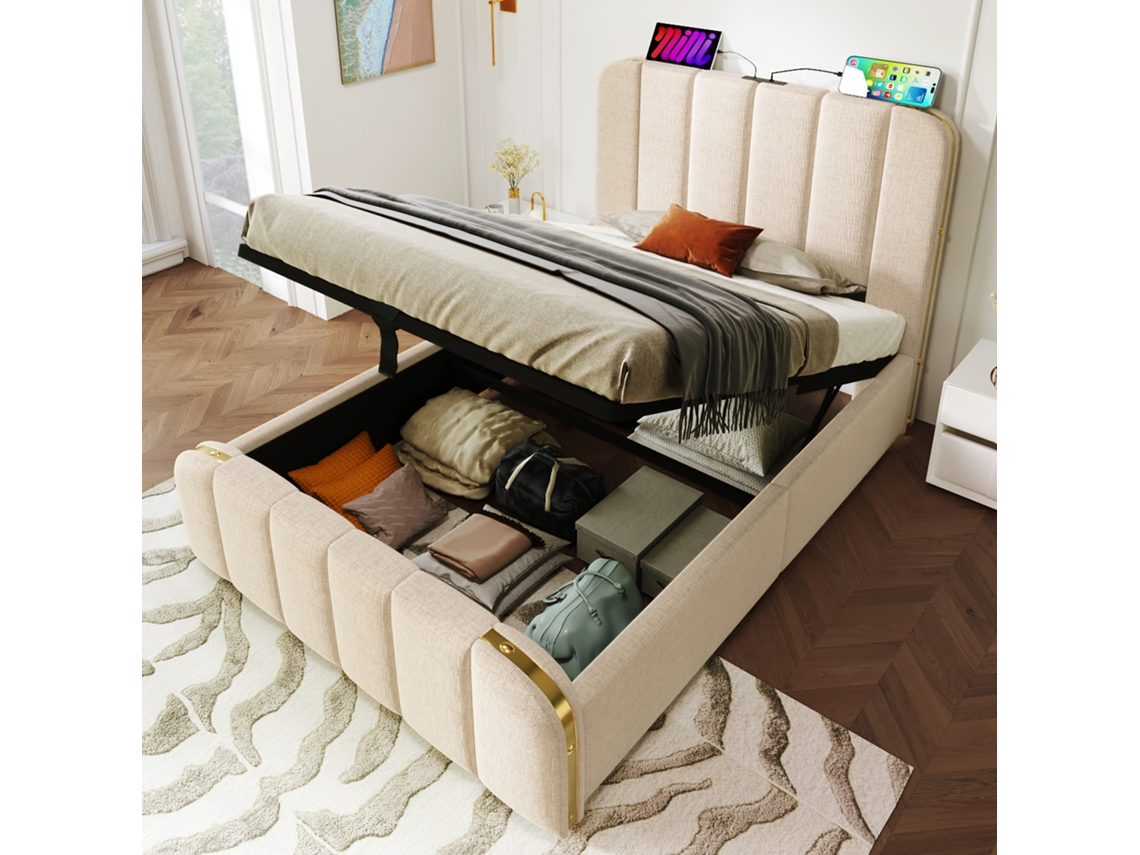 Cama Beige (90x200 Cm) Con Puerto Usb-c Y Compartimento De Almacenamiento.