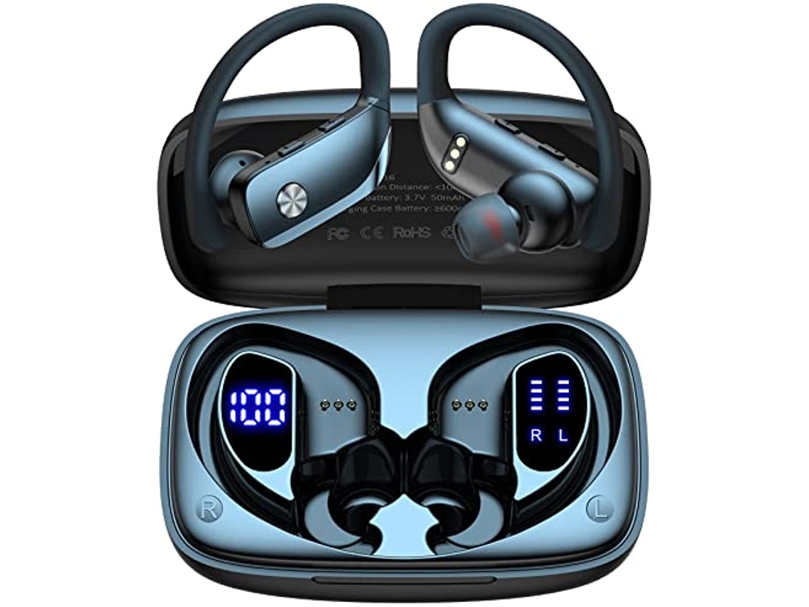 Auriculares Inalámbricos Bluetooth (negros), Pantalla Led, 48 Horas De Duración De La Batería, Ganchos Para La Oreja Y Micrófono.