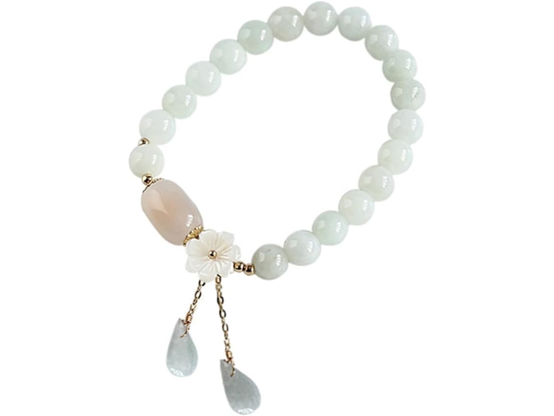 Pulsera De Jade Blanco Natural Para Mujer, Elegante Pulsera Elástica Con Cuentas.