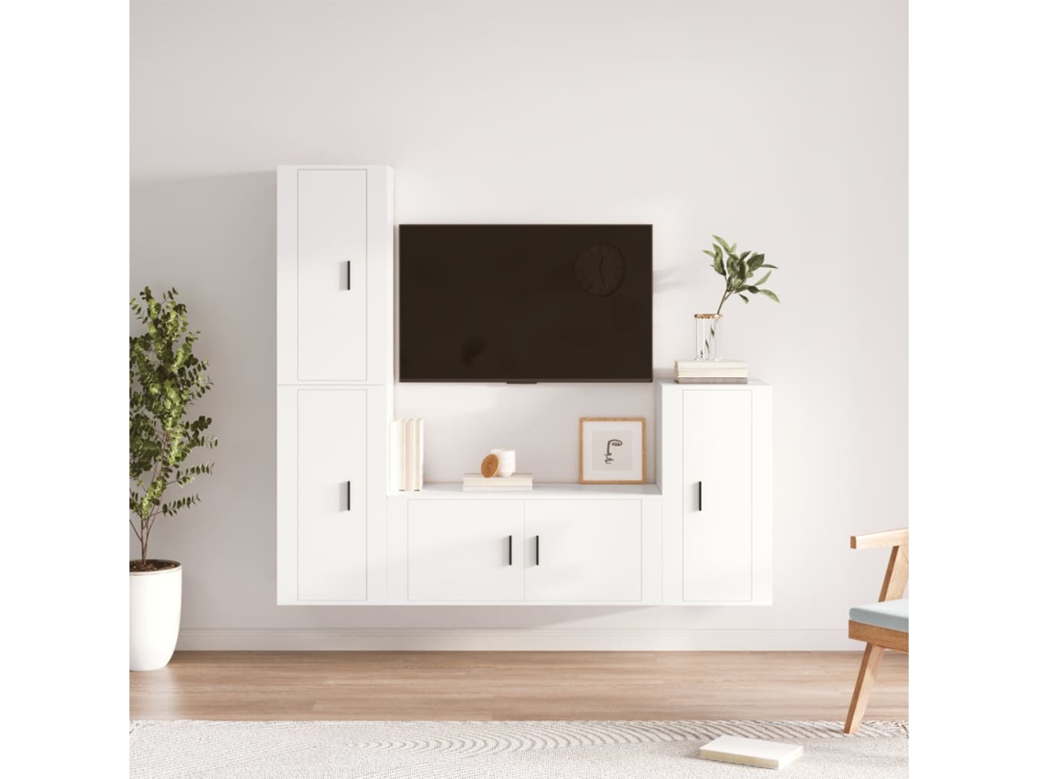 Conjunto de 4 muebles para TV | Mueble para TV | Mueble para TV de madera procesada blanca