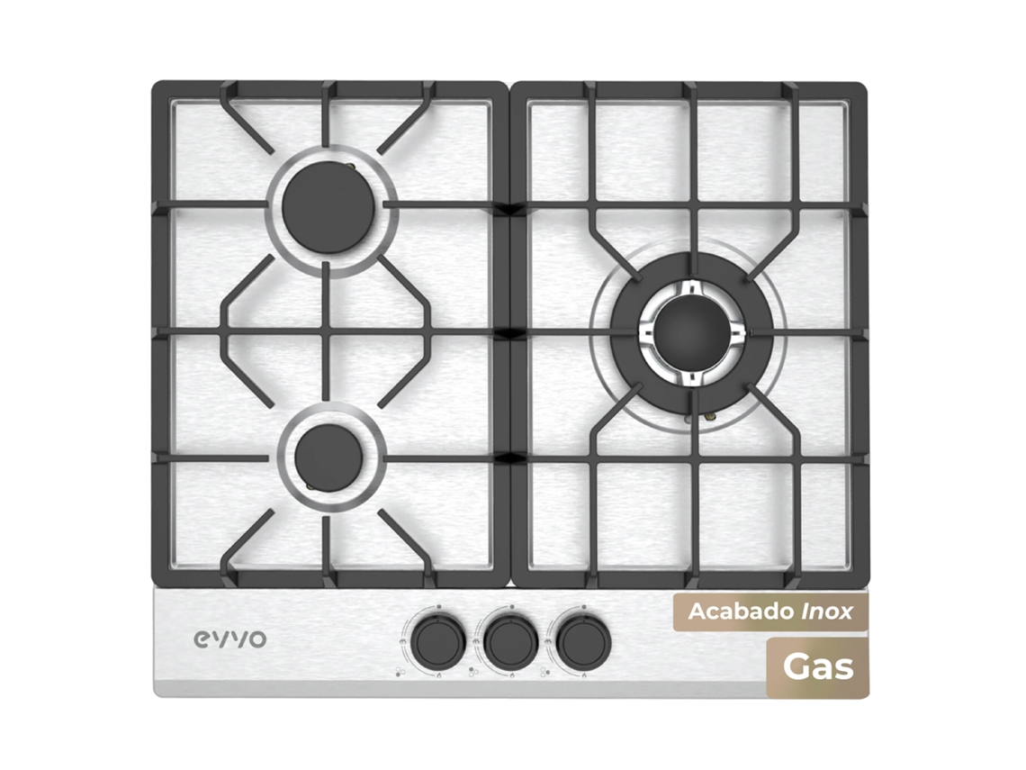Cocina a gas Evvo V66 en acero inoxidable, 3 quemadores, acabado acero inoxidable, gas natural y butano.