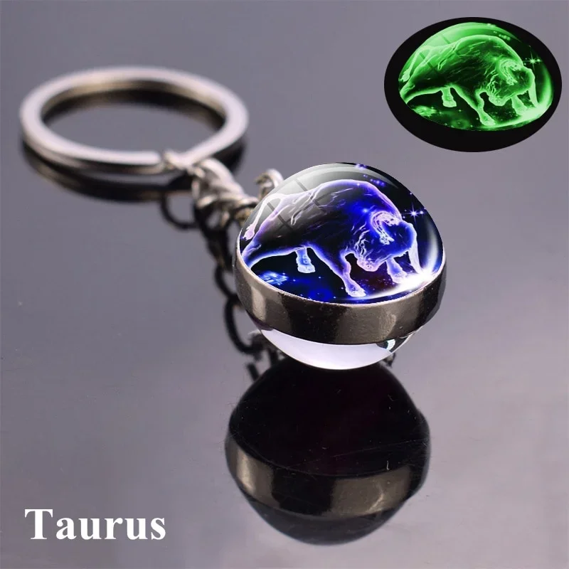 Llavero con bola de cristal brillante de los 12 signos del zodiaco, bola de cristal de doble cara MDUG (Tauro)