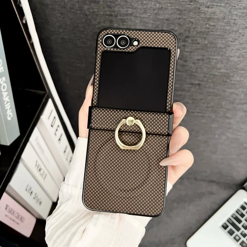 (marrón, Galaxy Z Flip7 Fe) Funda Magnética De Cuero Con Estampado De Tablero De Ajedrez Y Soporte De Anillo Con Bisagra
