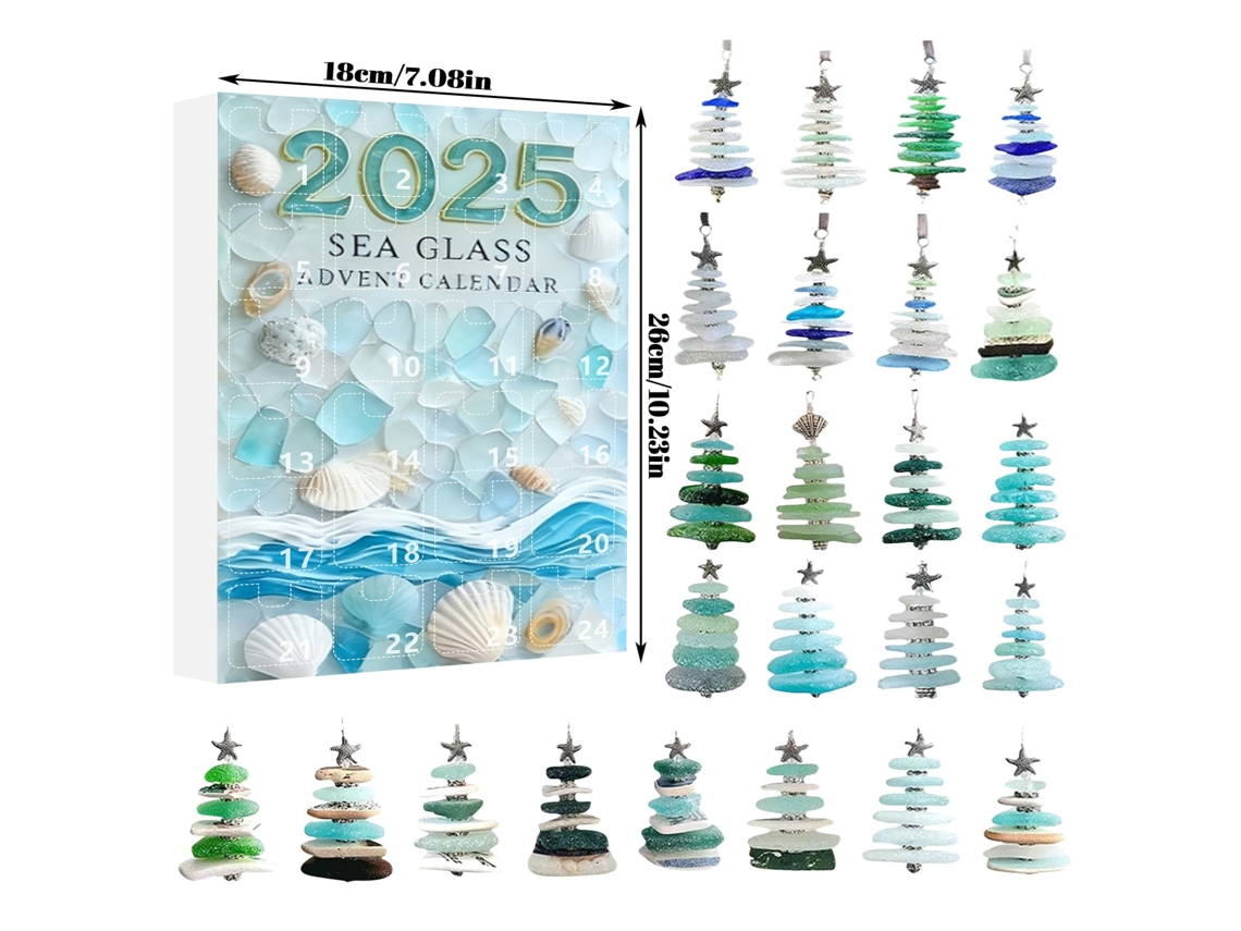 Caja sorpresa con calendario de cuenta regresiva para árbol de Navidad de vidrio marino, colgante de árbol de Navidad estilo vidrio marino, colgante de acrílico