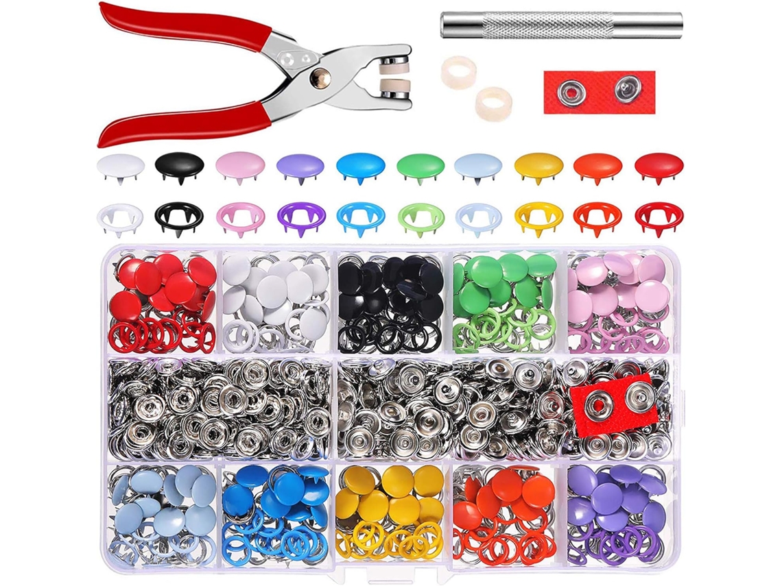 Juego de 200 botones a presión sólidos y huecos de 10 colores con alicates y accesorios para coser en la ropa.
