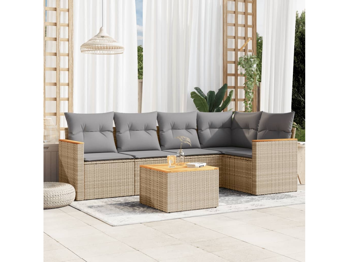 Conjunto de sofá de jardín de 6 piezas con cojines, mimbre sintético beige, Dkd Home Decor