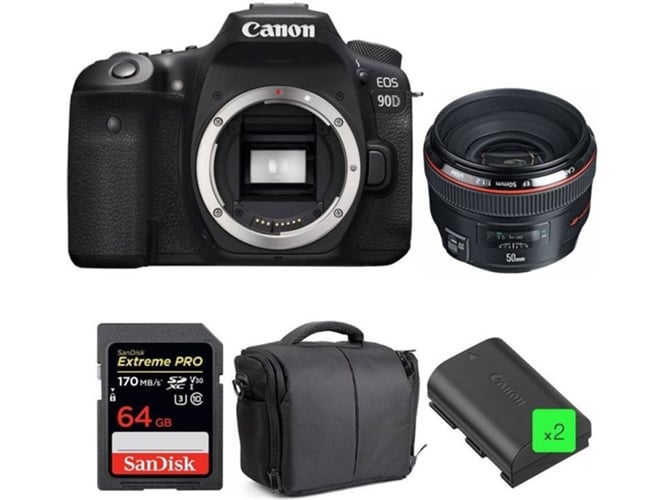 Kit Cámara Réflex CANON EOS 90D + EF 50mm f/1.2L USM + SanDisk 64GB + 2 LP-E6N + Bolsa