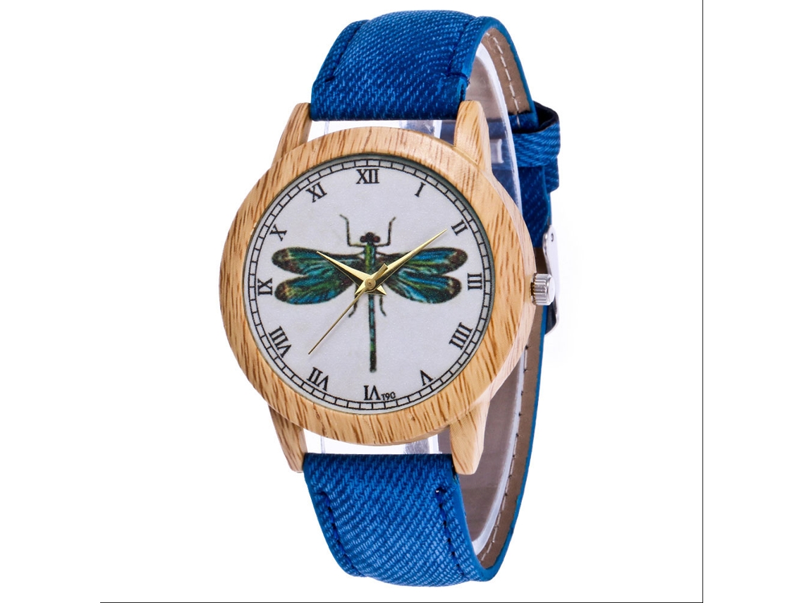 Reloj De Pareja De Cuero Con Cuarzo Y Dial Redondo Patrón De Libélula Azul