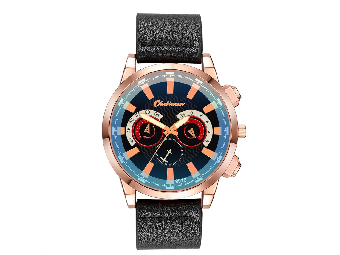 Reloj De Pulsera Casual De Cuero Pu Para Hombres Moda Negocio Oro Rosa + Correa Negra