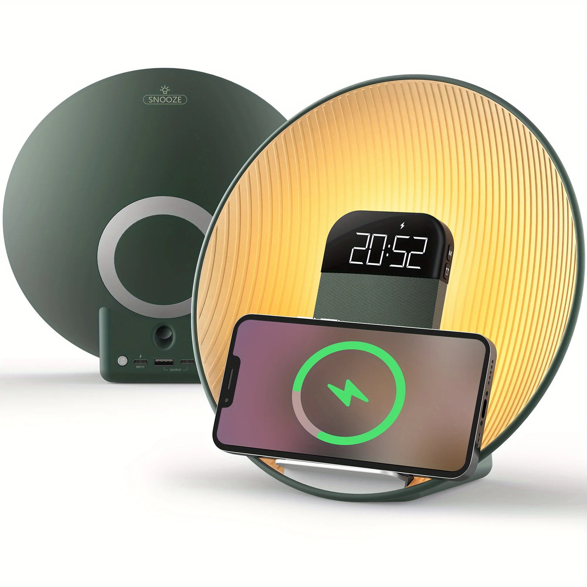 (verde) Smart Sunrise Alarm Clock - Cargador Inalámbrico Rápido De 15w Y Altavoz Con Luz Ajustable Para Dormir Profundo