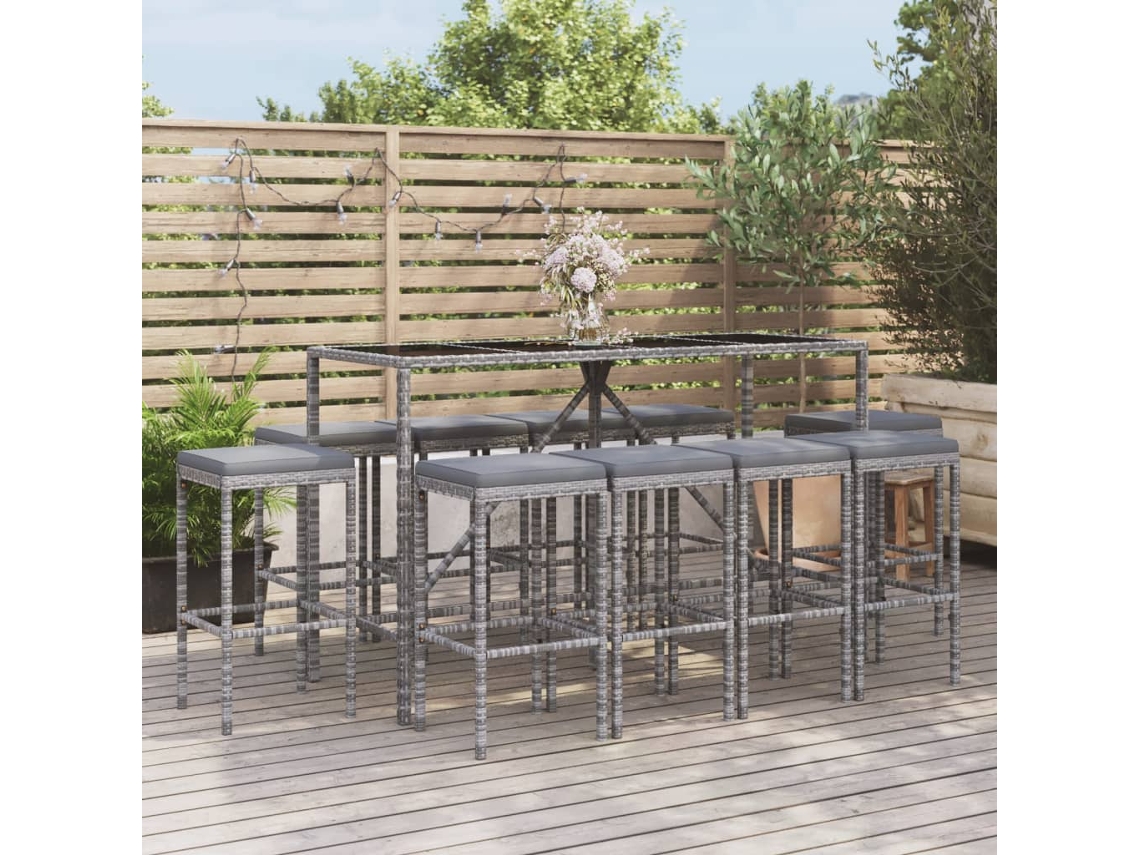 11 Pcs Conjunto De Bar P/ Jardim C/ Almofadões Vime Pe Cinza Dkd Home Decor