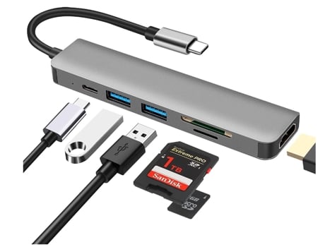 Adaptador multipuerto de concentrador USB C concentrador USB tipo C 6 en 1 con HDMI 4K lector de tarjetas SD/TF puerto USB 3.0 y USB 2.0 gris BISBI...