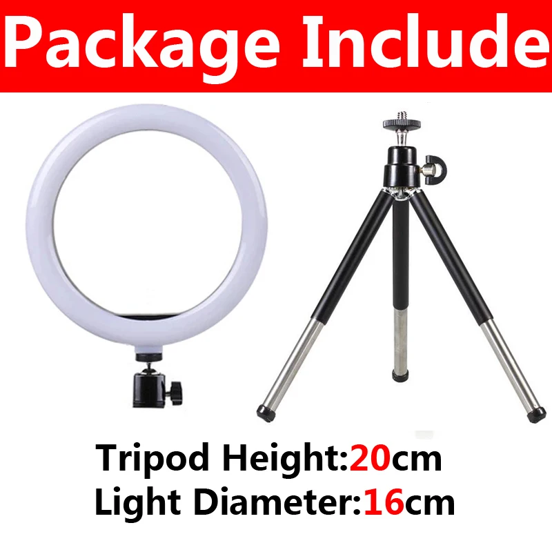 Anillo de luz LED regulable para selfies de 16 cm con trípode y soporte para teléfono para maquillaje en vivo de YouTube - 1 pieza B-16cm