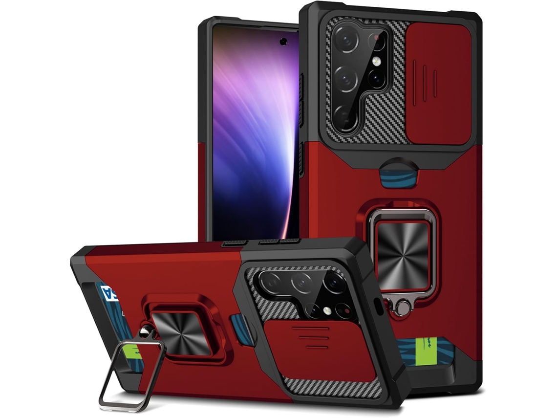 Funda para Samsung Galaxy S22 con cerradura RFID, ranura para tarjetas, protección para la cámara, soporte para anillo y cierre magnético - Rojo. Viewleaf