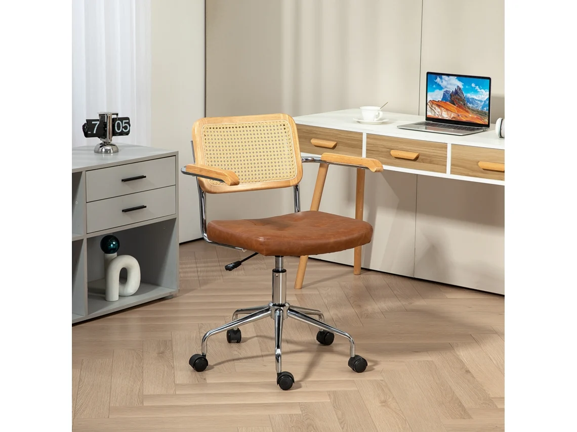 Cadeira De Escritório Com Altura Ajustável, Função De Inclinação E Encosto Em Rattan Sintético, 60x55,5x82-90 Cm, Marrom.