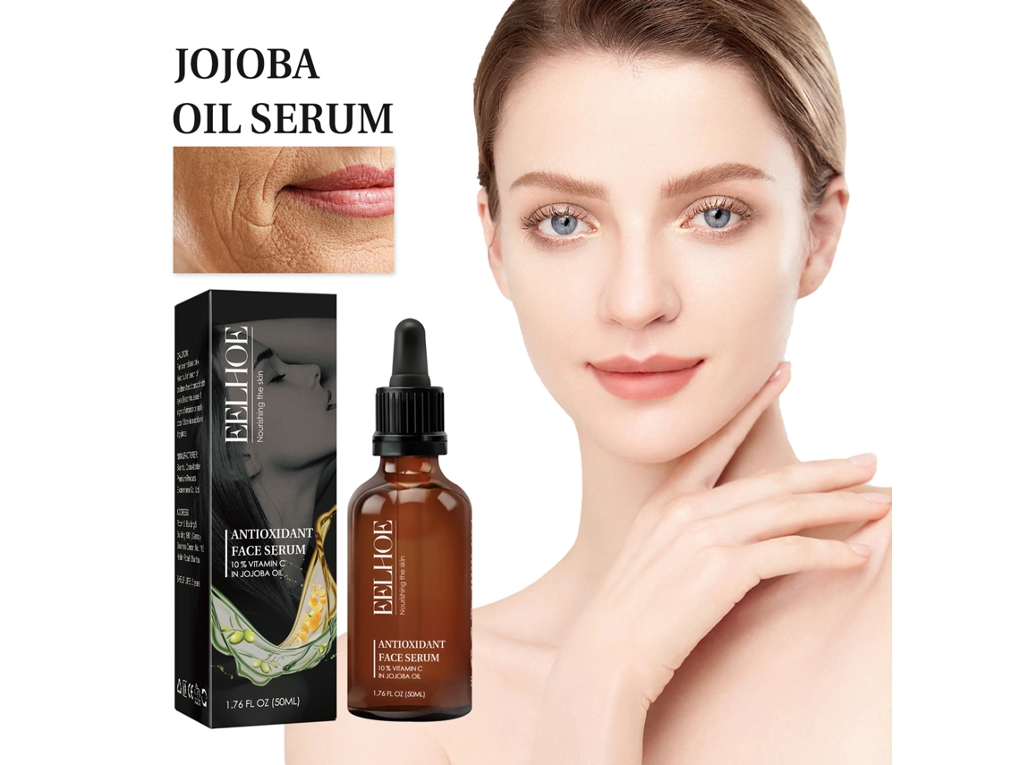 Sérum facial hidratante, iluminador y reparador antiarrugas con aceite de jojoba y vitamina C.