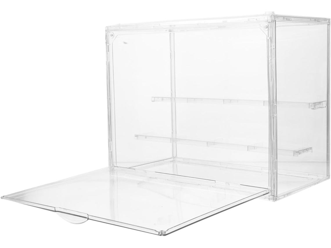 Vitrina miniatura transparente con estantes transparentes y elegante soporte de exhibición.