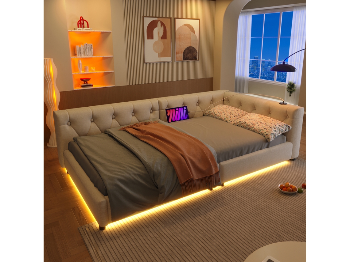 Sofá Cama Multifuncional De 90x200 Cm, Color Beige, Con Led, Usb-c Y Extensible.