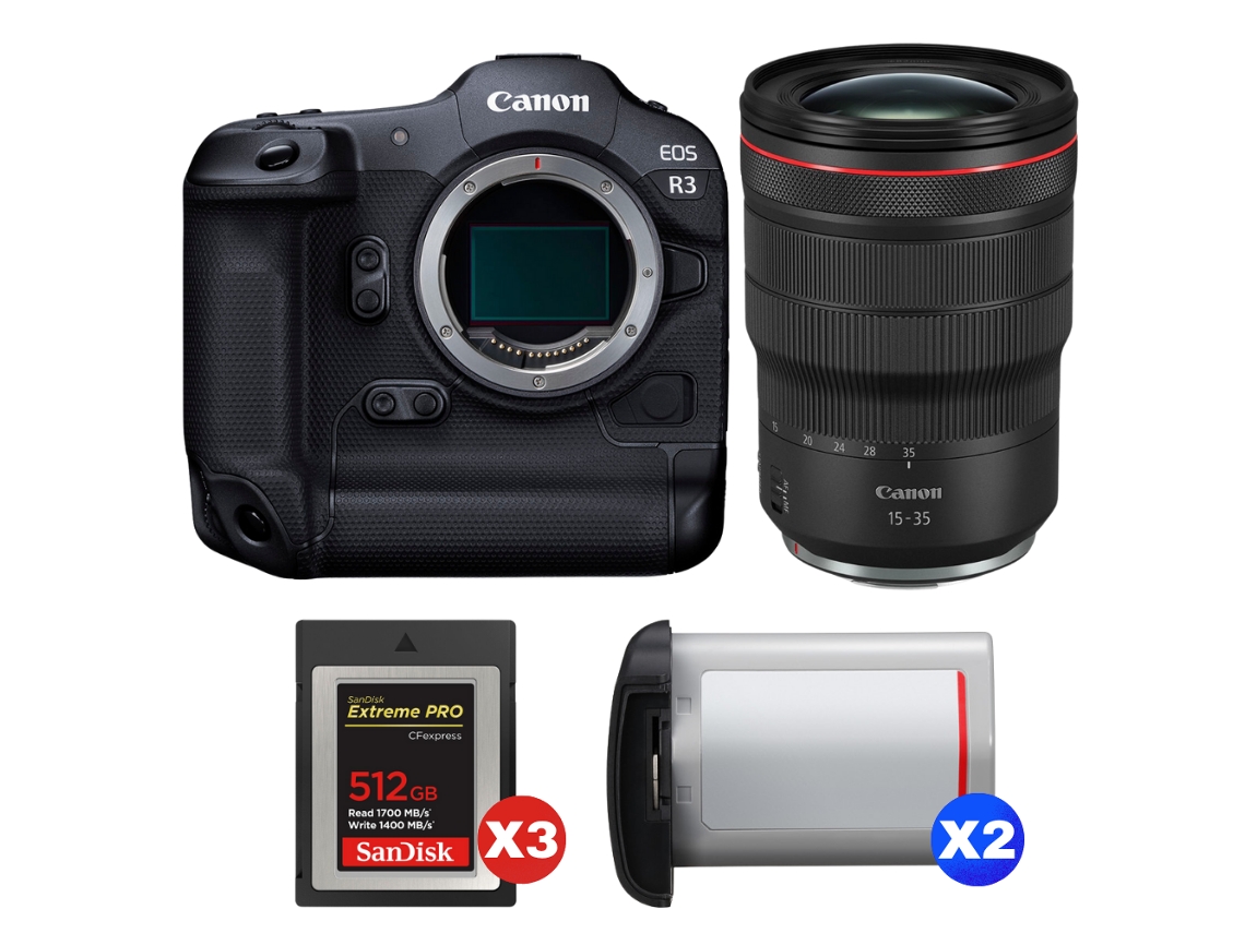 Canon Eos R3 + Rf 15-35mm F/2.8 L Is Usm + 3 Sandisk 512gb Extreme Pro Cfexpress Type B + 2 Canon Lp-e19 + Ebook Pricedirect