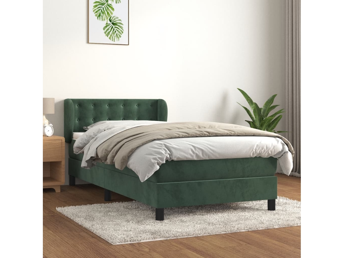 Cama Box Spring Con Colchón Terciopelo Verde Oscuro 90x190 Cm