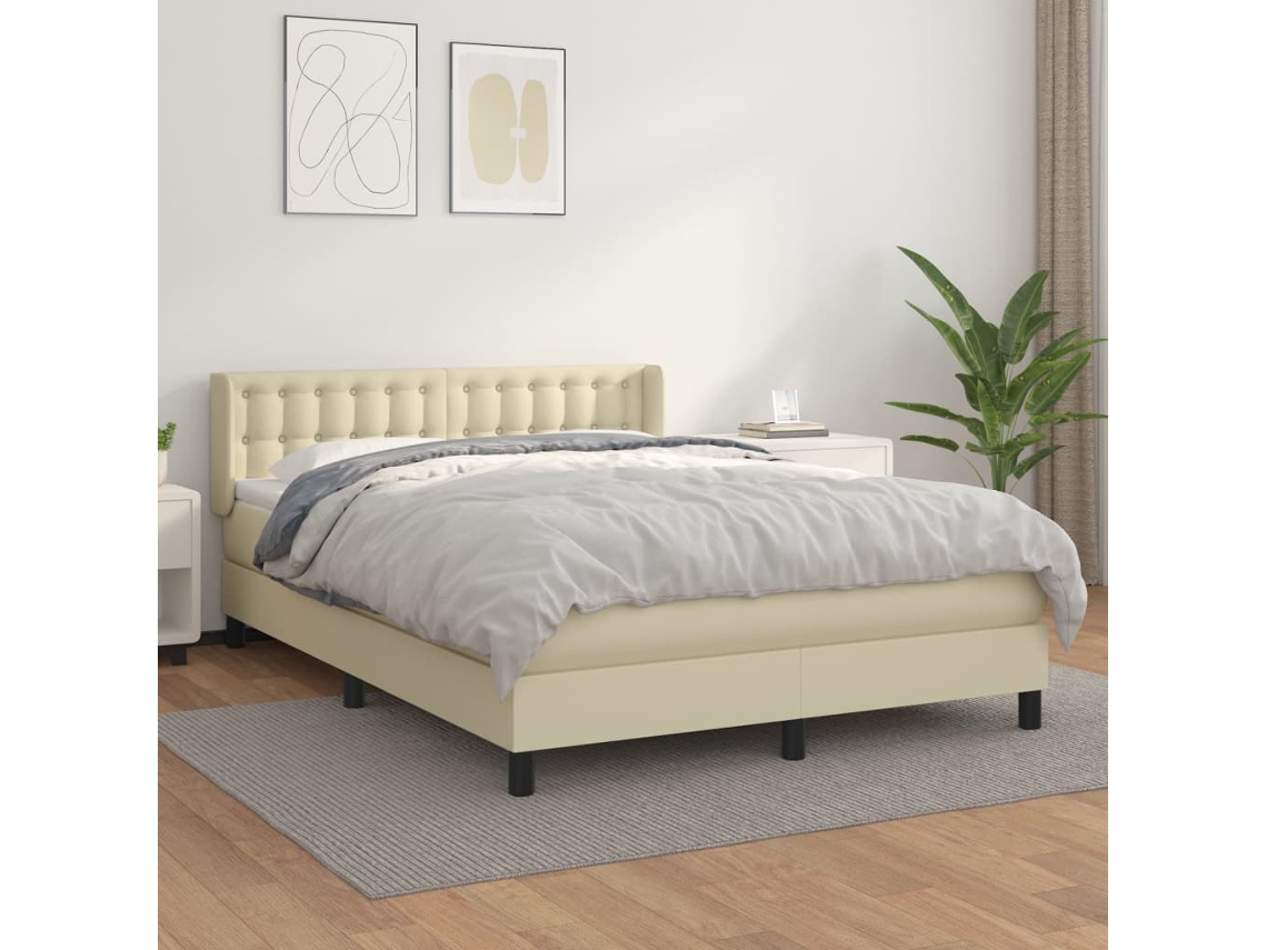 Syfax™ Cama Box Spring Con Colchón Cuero Sintético Crema 140x190 Cm