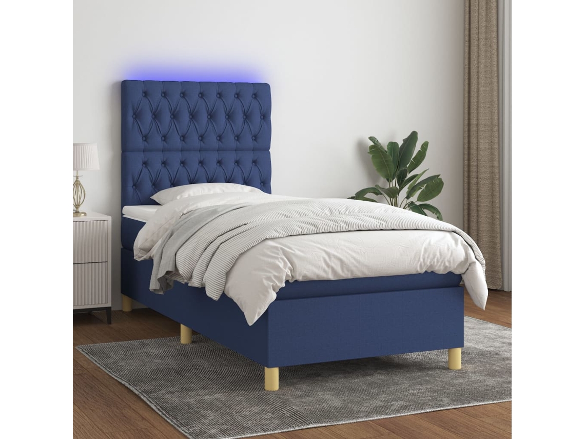 Cama Box Spring Colchón Y Luces Led Tela Azul 80x200 Cm