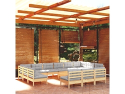 14pcs Conjunto Lounge De Jardim Almofadões Cinza Pinho Maciço Dkd Decoración Del Hogar
