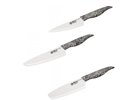 SAMURA Inca Juego De 3 Cuchillos De Cerámica Cuchillo Utilitario 155 Mm / Cuchillo Nakiri 165 Mm / Cuchillo Chef 187 Mm Blanco