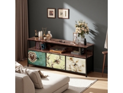 Mueble para TV de 108 cm con iluminación LED, tablero de madera con efecto tigre, 4 cajones de tela, estructura metálica, patas ajustables.