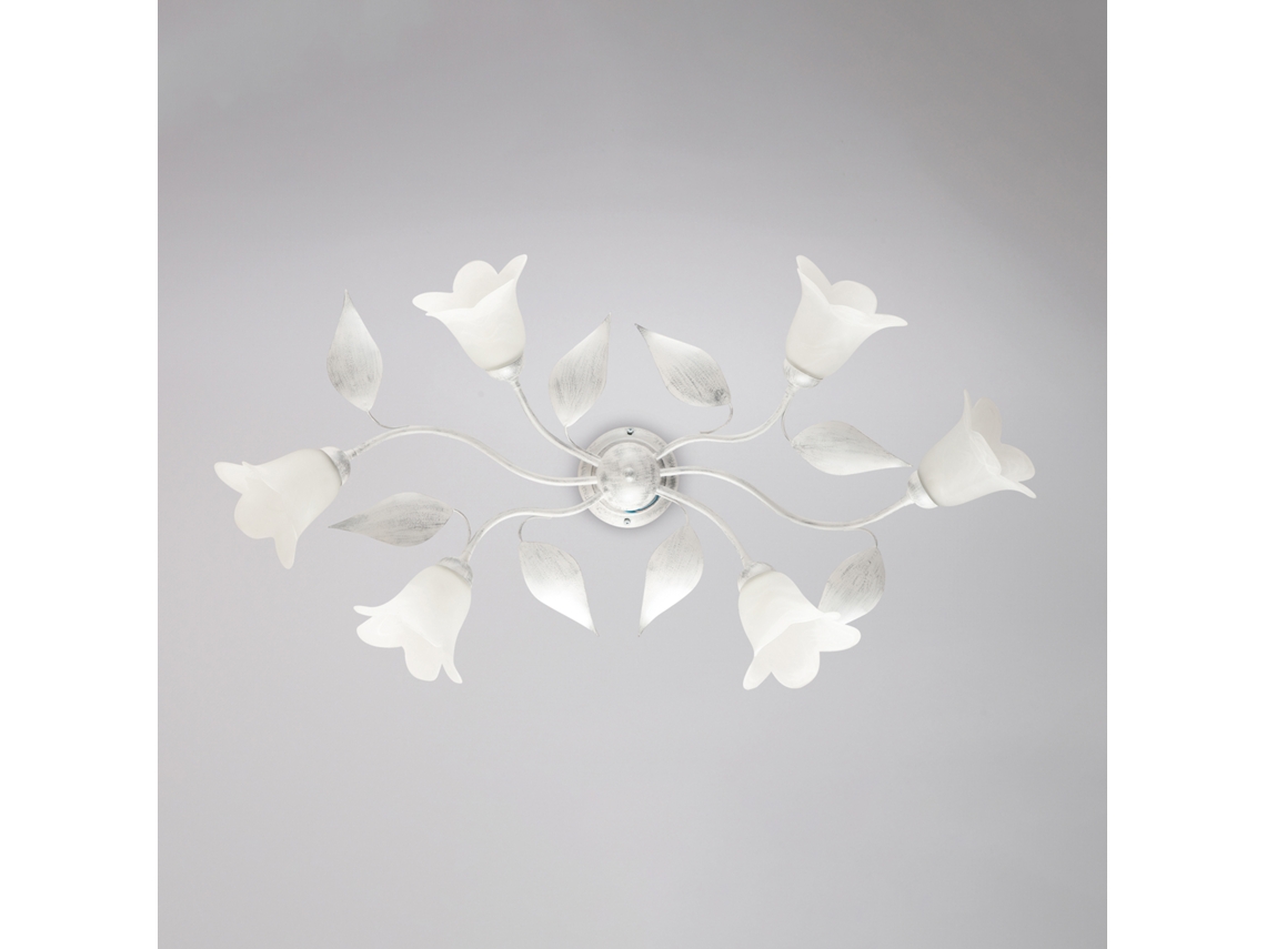 Lámpara de techo Olga de hierro lacado blanco con decoración. Difusores antiguos en plata y cristal. Diámetro 14 cm. Alabastro blanco. 6 luces. Ancho 70 x 52 cm. Belight.