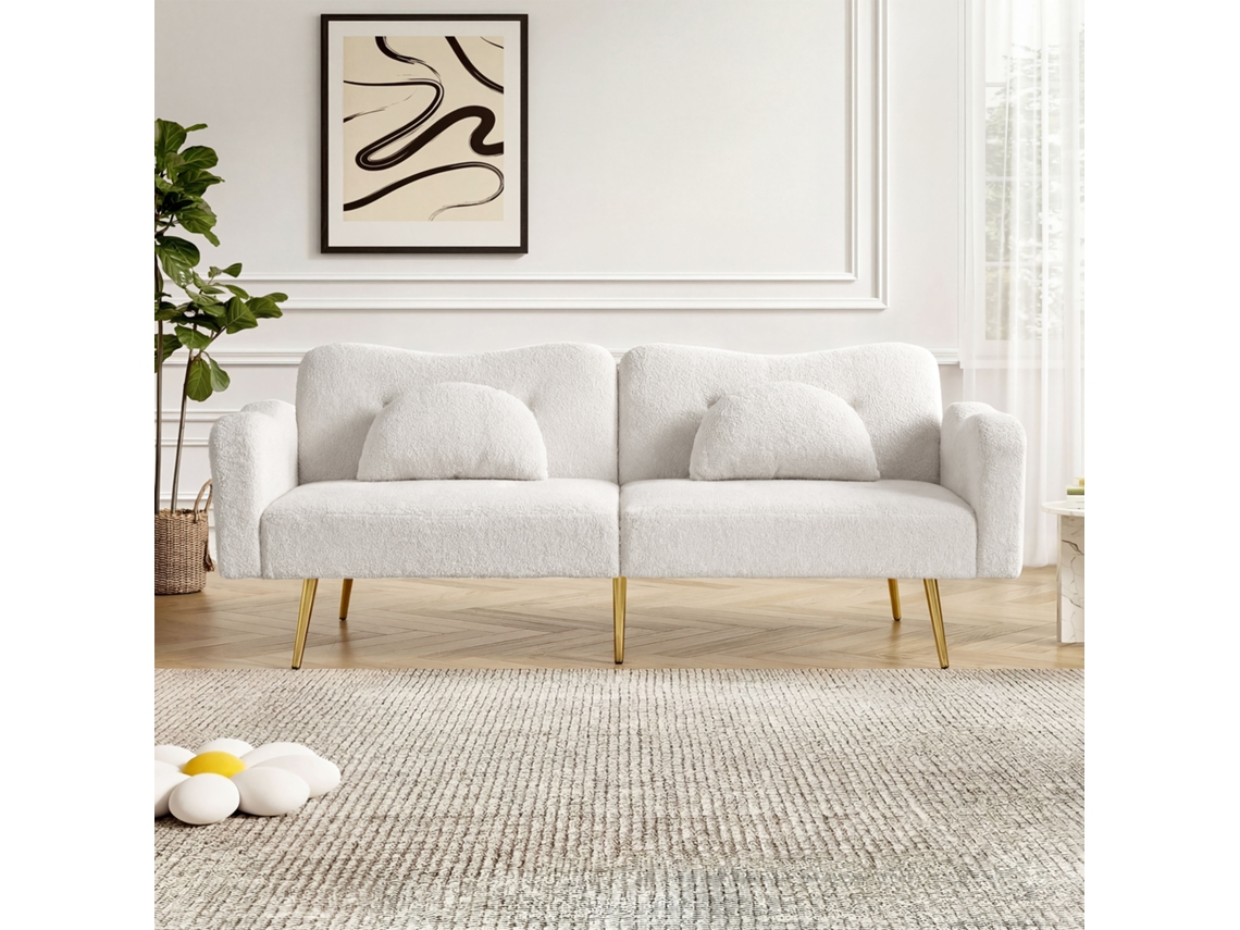 Sofá recto convertible de 2 plazas, respaldo ajustable en 3 posiciones, patas de metal dorado, tejido efecto lana, 175 x 79 x 82 cm, blanco.