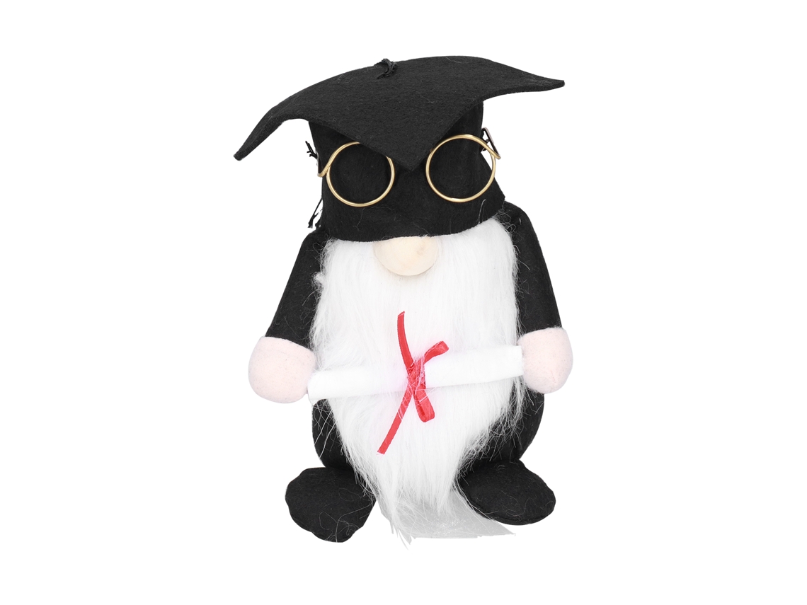 Pequeña figura decorativa de gnomo de graduación, sin rostro y con barba.