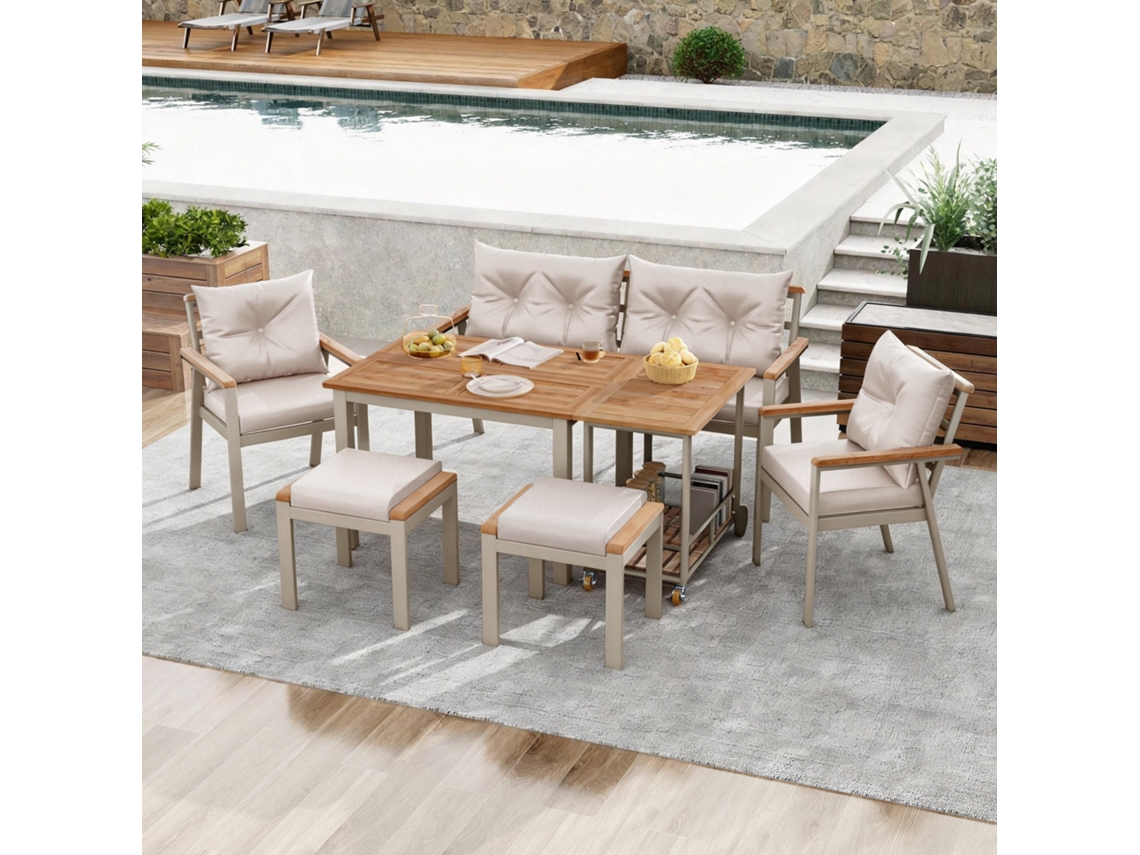 Juego De Comedor De Madera De Acacia Natural Para 6-7 Personas, Sillas Con Reposabrazos, Fundas Lavables Y Accesorios Incluidos, Elegante Tono Beige