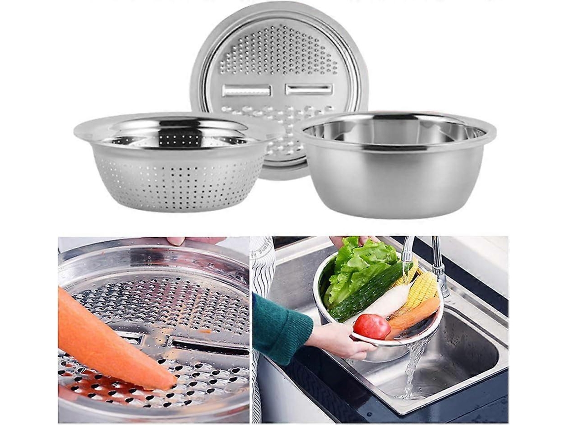 Bol para mezclar 3 en 1 con colador y cortador de verduras de acero inoxidable. Ideal para ensaladas, frutas y verduras.