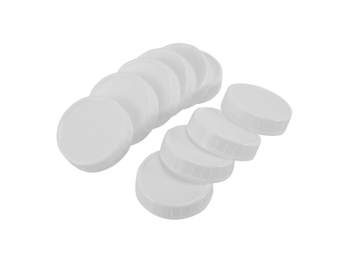 10 Tapas De Plástico Ribeteadas Para Tarros Mason De Boca Regular Estándar 70mm Blanco
