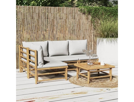 Conjunto Relajación 5 pzs VIDAXL Set de muebles de jardín bambú y cojines gris claro (55 x 65 x 30 cm)