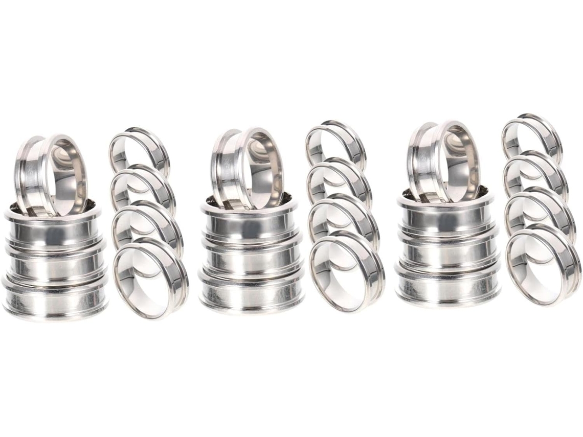 Conjunto de anillos pulidos con incrustaciones, lisos y sin incrustaciones, fabricados en acero inoxidable con acabado decorado a mano. SFUSHOS