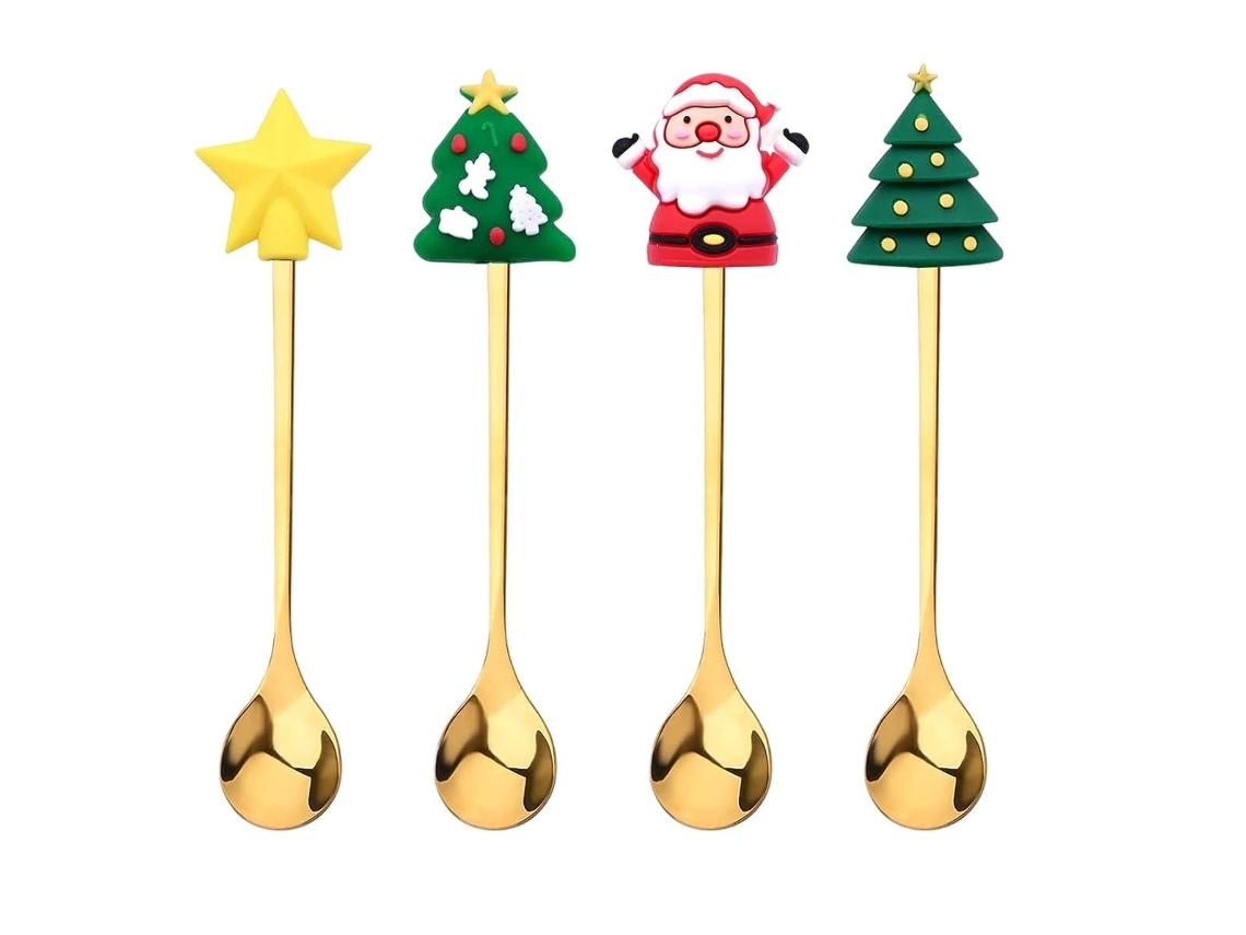 Juego de cucharas para té y café con temática navideña, cubiertos dorados de acero inoxidable para reuniones festivas.