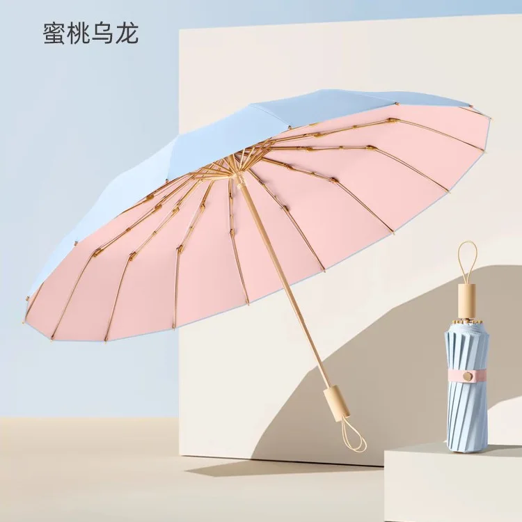 Guarda-chuva Dobrável Feminino (azul E Rosa 16k), Proteção Uv Upf50+, Resistente Ao Vento, 40 Cm (16 Polegadas)