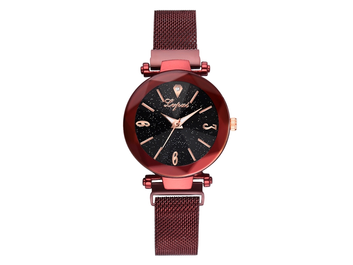 Reloj De Pulsera De Cuarzo Para Mujer Con Correa De Aleación, Diseño De Cielo Estrellado Y Diamantes De Imitación Rojos.