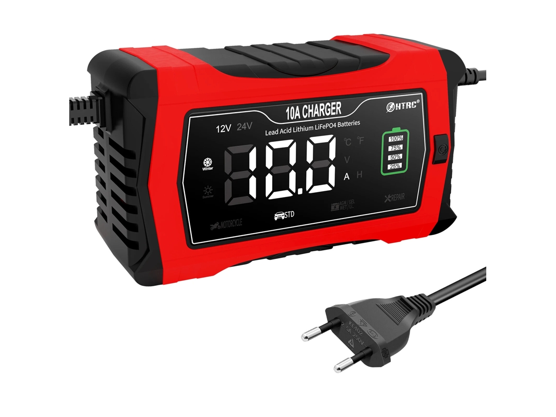 Cargador De Batería Para Coche Y Motocicleta Htrc De 10 A Con Enchufe Europeo, 12 V/24 V, Batería De Litio De Plomo-ácido, Agm, Con Pantalla Lcd Digit