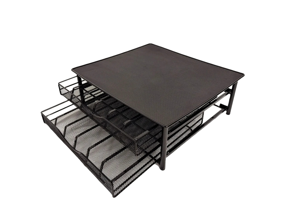 Soporte para cápsulas de café, capacidad para 72 cápsulas, diseño retráctil, color negro.
