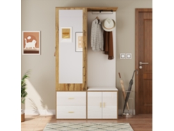 Juego De Armario - 100x38x180 Cm - Con Espejo, Zapatero, Banco Con Ganchos Y Barra Extensible - Blanco+natural