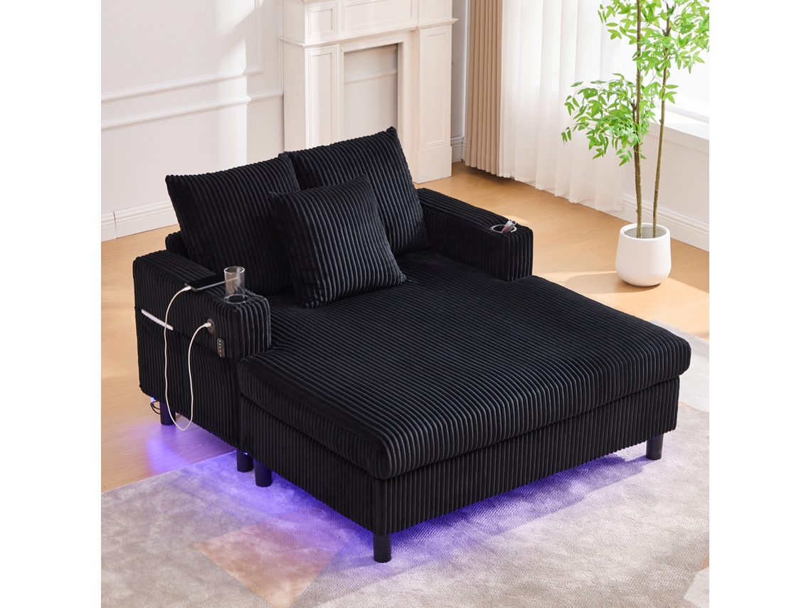 Sillón Chaiselongue Grande - Con Portavasos Laterales, Puertos Usb, Iluminación Led Ambiental - Negro