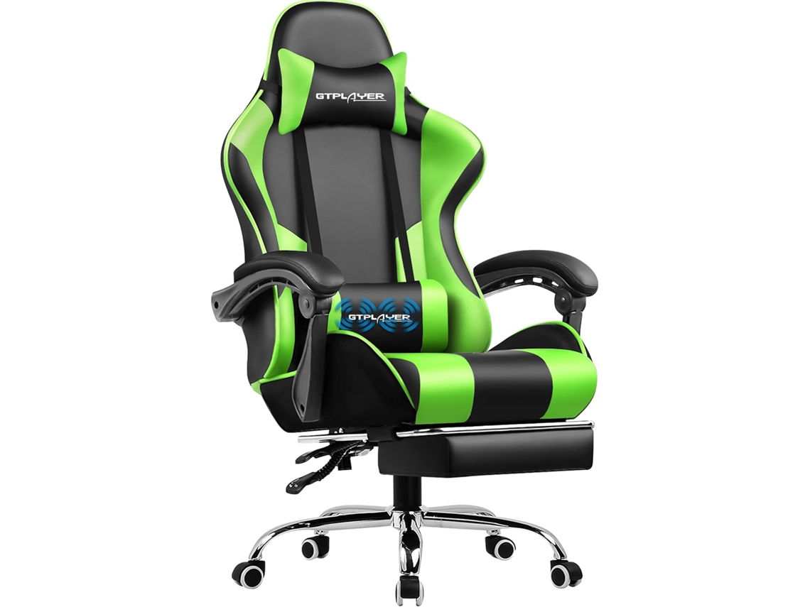 GTPLAYER Silla de Oficina para Videojuegos, Silla Ergonómica con Reposapiés, Reposacabezas y Cojín Lumbar, Silla Giratoria Verde