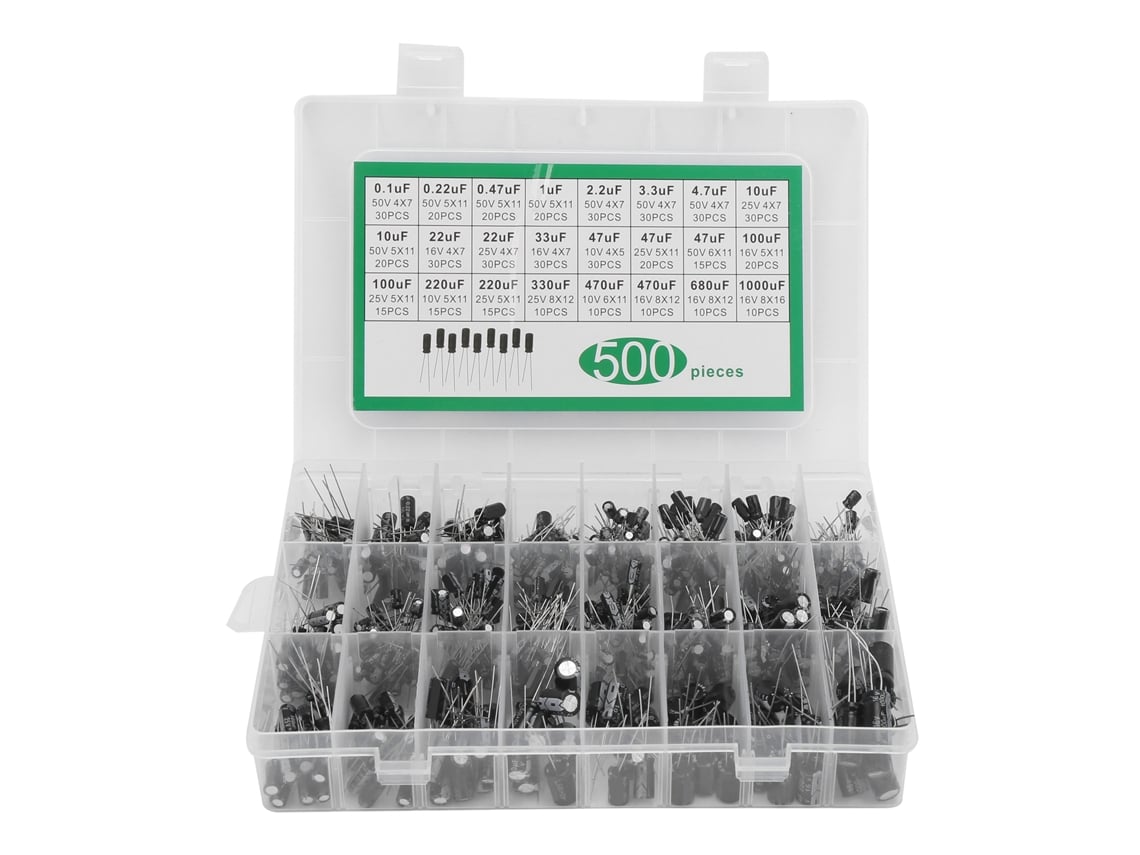 Kit De Condensadores Electrolíticos 24 Valores 0.1uf-1000uf 10v-50v Caja De Asortimiento 500 Piezas