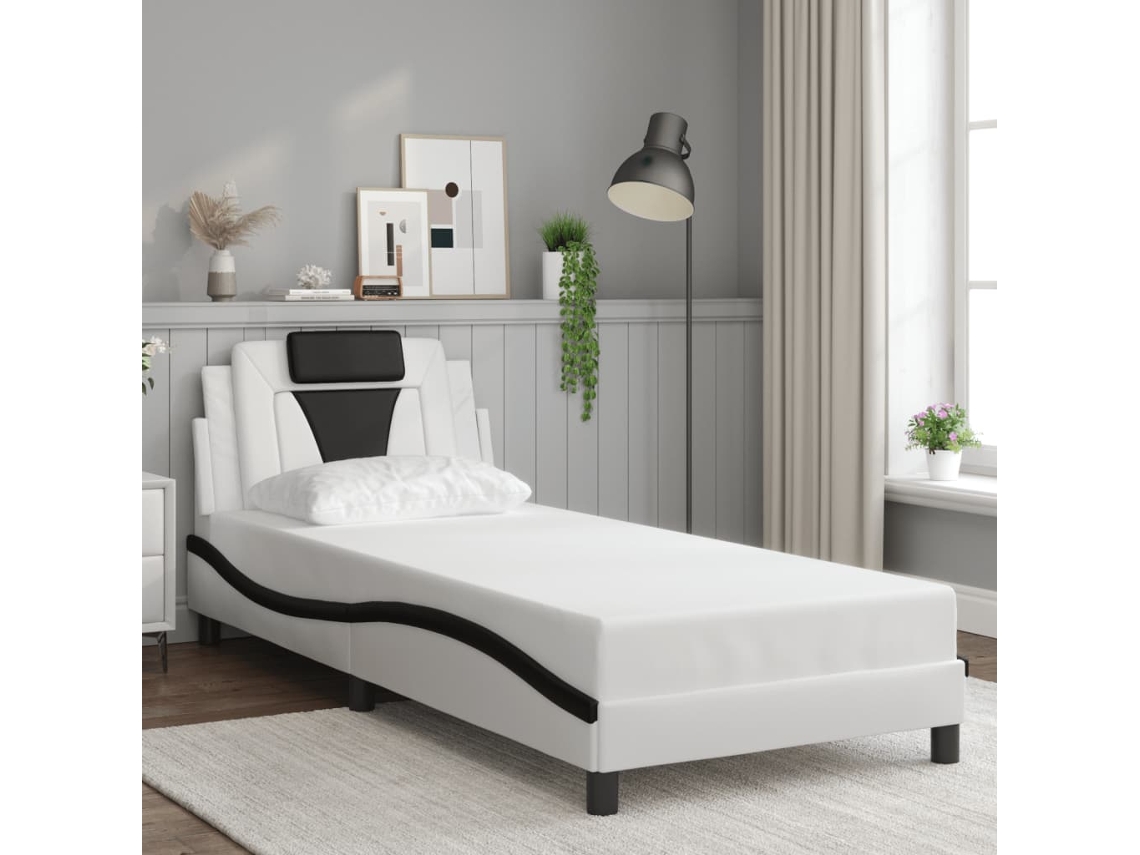 Cama Con Cabecero Cuero Sintético Blanco Y Negro 80x200 Cm