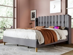 Cama De Lino Acolchada De 180x200 Cm - Con Puertos De Carga Y Somier - Gris