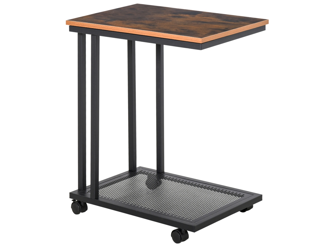 Mesa auxiliar C, forma de carrito, con ruedas, madera y metal, acabado nogal negro, 51x36x65 cm, Ycone