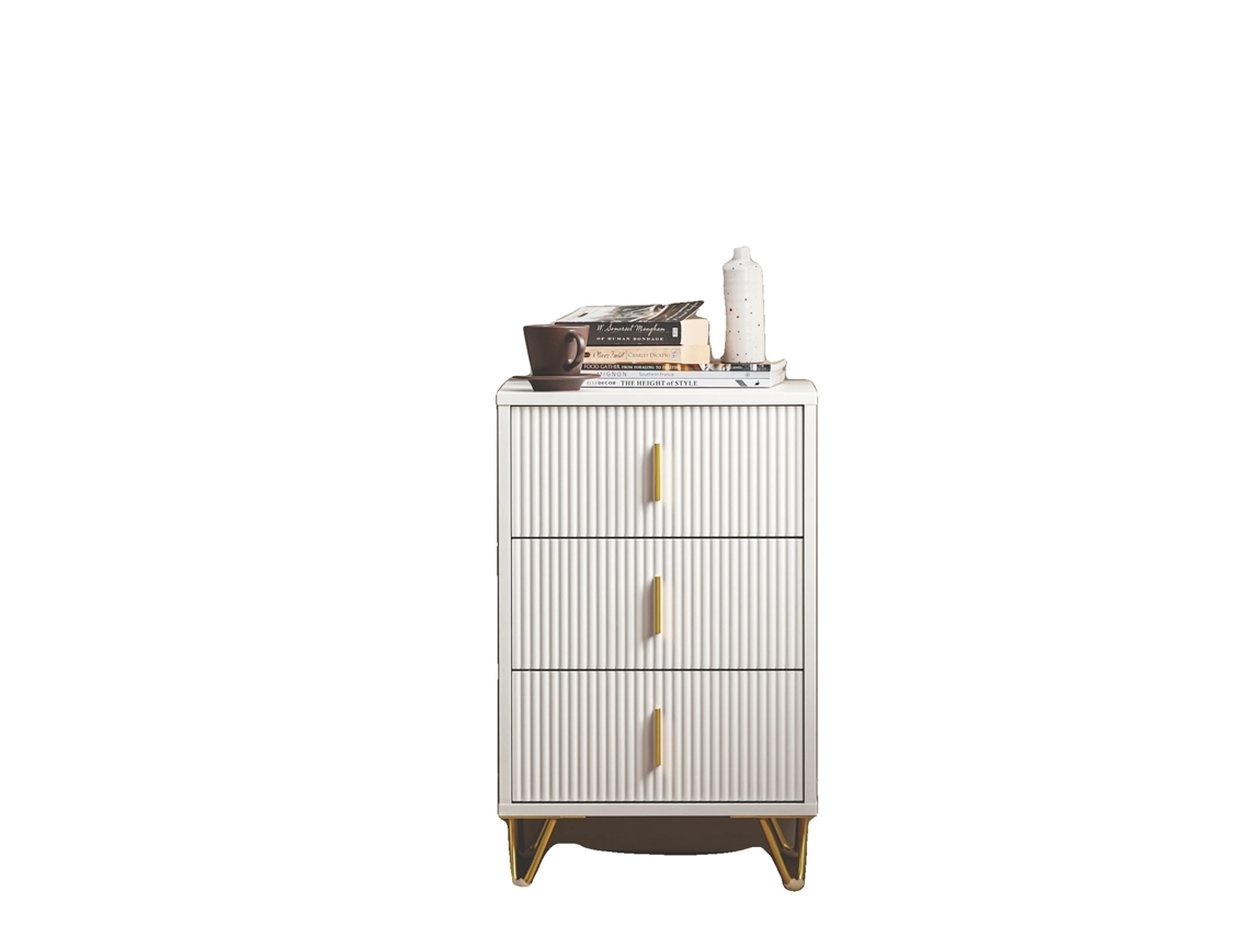 Mesita de noche con 3 cajones, diseño moderno, color blanco.